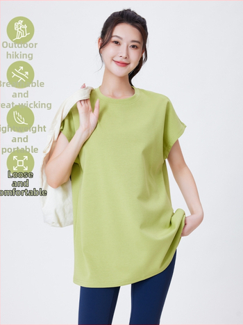 T-krekls ar lidinošām piedurknēm, apaļš kakla izgriezums, brīvs piegriezums, kokvilnas/poliestra/elastāna maisījums, sportam un jogai, sievietēm