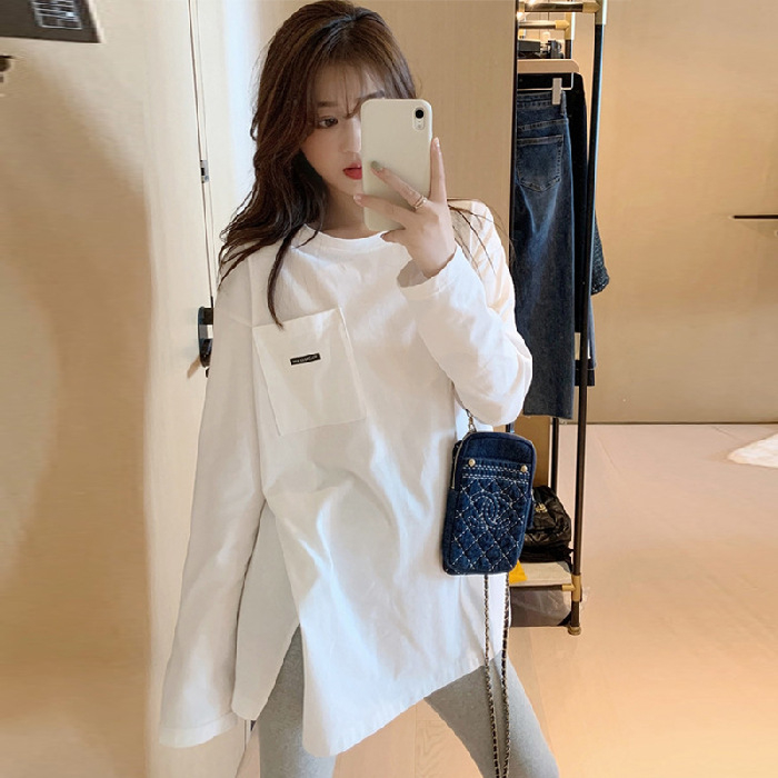 Pamut hosszú ujjú póló, laza szabás, kerek nyak, szöveges nyomat, középméretű hossz