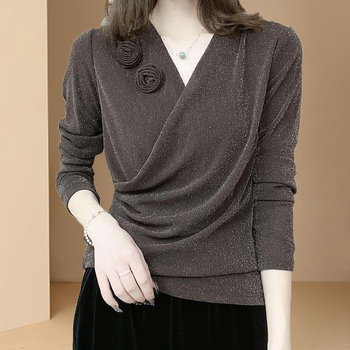 Női V-nyakú hosszú ujjú slim-fit poliészter felső