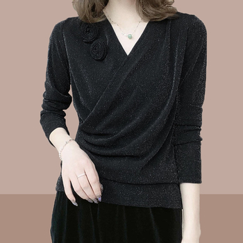 Női V-nyakú hosszú ujjú slim-fit poliészter felső