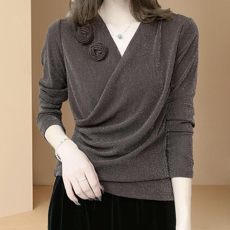 Női V-nyakú hosszú ujjú slim-fit poliészter felső