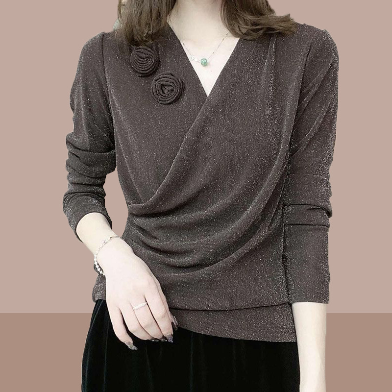 Női V-nyakú hosszú ujjú slim-fit poliészter felső