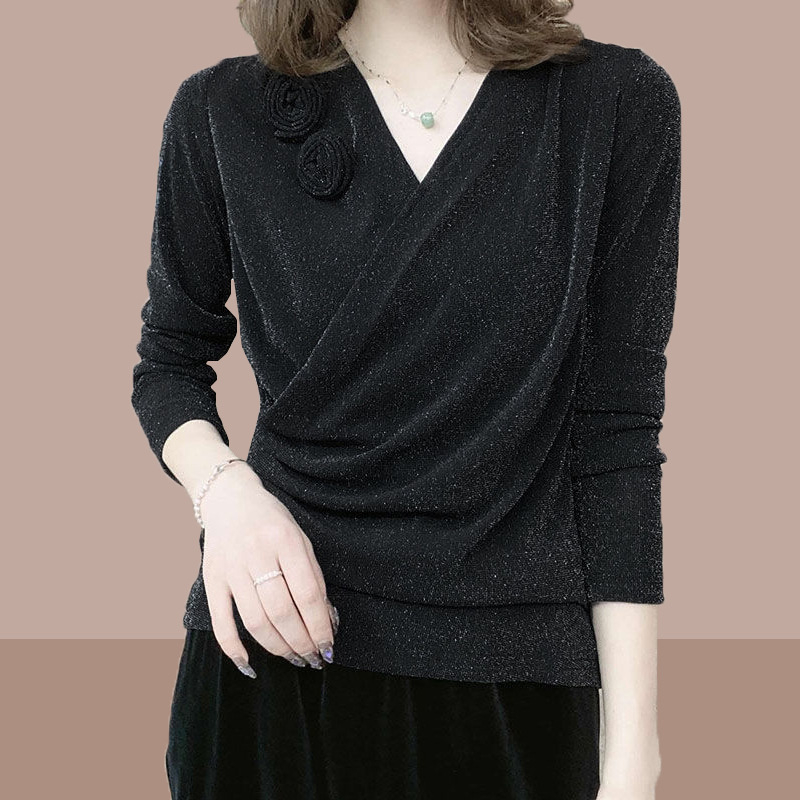 Női V-nyakú hosszú ujjú slim-fit poliészter felső