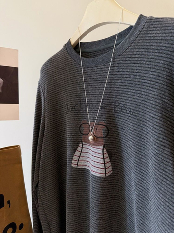 Tricou cu mânecă lungă, glugă, imprimeu urs desen animat, croială lejeră, poliester