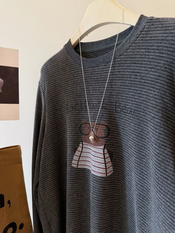 Tricou cu mânecă lungă, glugă, imprimeu urs desen animat, croială lejeră, poliester