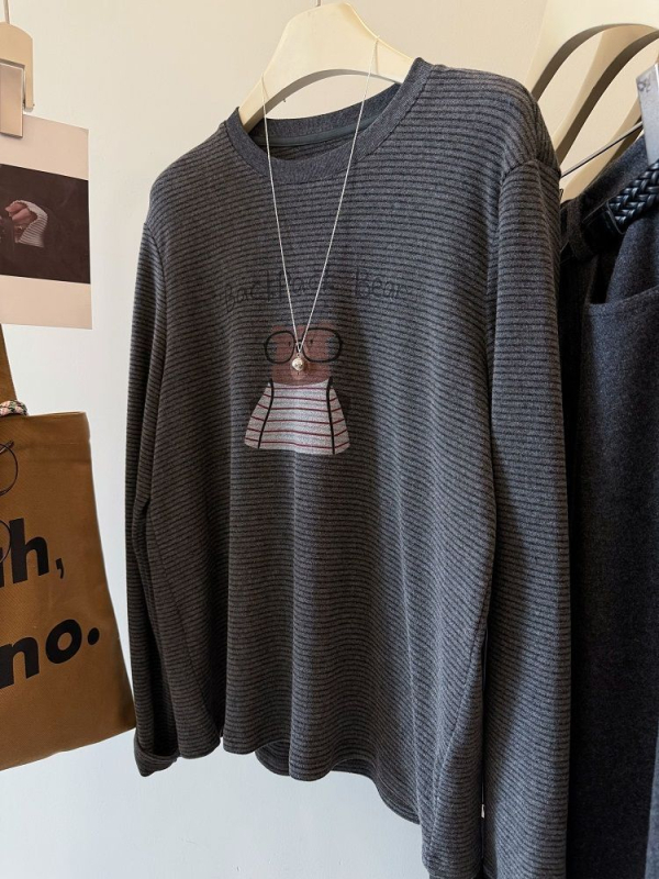 Tricou cu mânecă lungă, glugă, imprimeu urs desen animat, croială lejeră, poliester