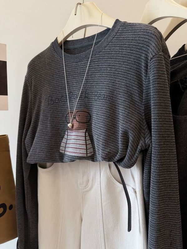 Tricou cu mânecă lungă, glugă, imprimeu urs desen animat, croială lejeră, poliester