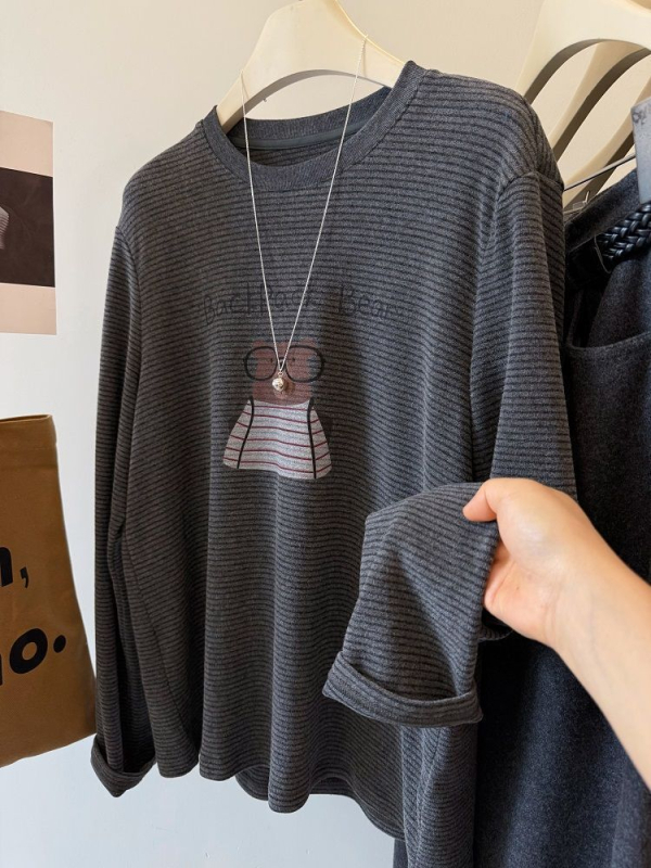 Tricou cu mânecă lungă, glugă, imprimeu urs desen animat, croială lejeră, poliester