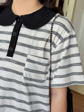 Prugasta T-shirt s ovratnikom tipa doll, udoban kroj, pletena mješavina pamuka i poliester, kratki rukavi, ljeto 2025