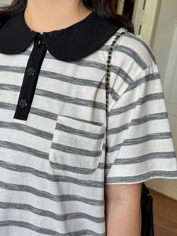 Prugasta T-shirt s ovratnikom tipa doll, udoban kroj, pletena mješavina pamuka i poliester, kratki rukavi, ljeto 2025