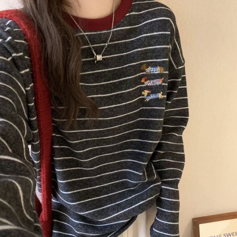 Ženski T-shirt za jesen-zimu, color-block, debela brušena tkanina, prugasti uzorak, širok kroj, plus veličina, okrugli vrat