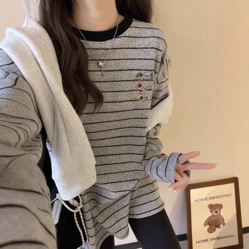 Ženski T-shirt za jesen-zimu, color-block, debela brušena tkanina, prugasti uzorak, širok kroj, plus veličina, okrugli vrat
