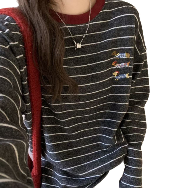 Ženski T-shirt za jesen-zimu, color-block, debela brušena tkanina, prugasti uzorak, širok kroj, plus veličina, okrugli vrat