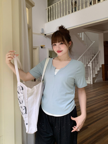 Дамски памучен топ с кръгла яка и къс ръкав (Памук 95%+, Лято 2024, Кръгла яка, Къс ръкав)