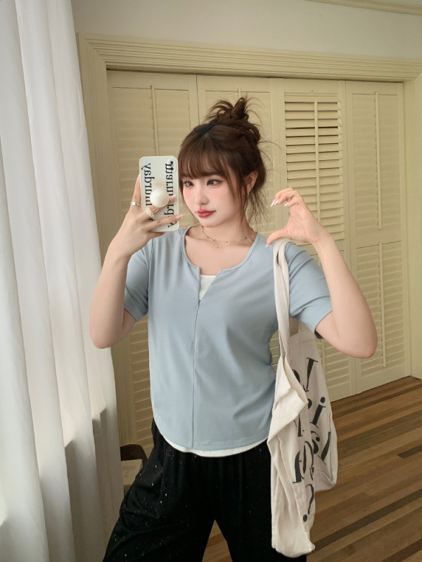 Дамски памучен топ с кръгла яка и къс ръкав (Памук 95%+, Лято 2024, Кръгла яка, Къс ръкав)