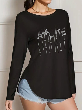 Ženska T-shirt od Milk Silk tkanine, 90-95% poliestera, Spandex, uzorak teksta, okrugli vrat (Milk silk; 90-95% Polyester; Spandex; Uzorak: Tekst; Okrugli vrat)