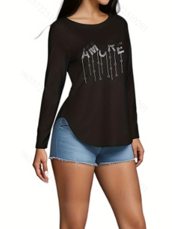 Ženska T-shirt od Milk Silk tkanine, 90-95% poliestera, Spandex, uzorak teksta, okrugli vrat (Milk silk; 90-95% Polyester; Spandex; Uzorak: Tekst; Okrugli vrat)