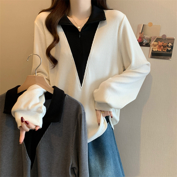 Pletena majica s polo ovratnikom, mješavina pamuka i elastana, opušten kroj, dugi rukavi, japansko-korejski ležerni stil