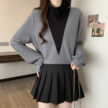 Pletena majica s polo ovratnikom, mješavina pamuka i elastana, opušten kroj, dugi rukavi, japansko-korejski ležerni stil