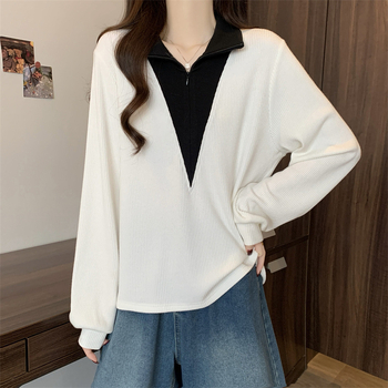 Pletena majica s polo ovratnikom, mješavina pamuka i elastana, opušten kroj, dugi rukavi, japansko-korejski ležerni stil