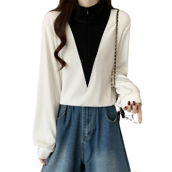 Pletena majica s polo ovratnikom, mješavina pamuka i elastana, opušten kroj, dugi rukavi, japansko-korejski ležerni stil