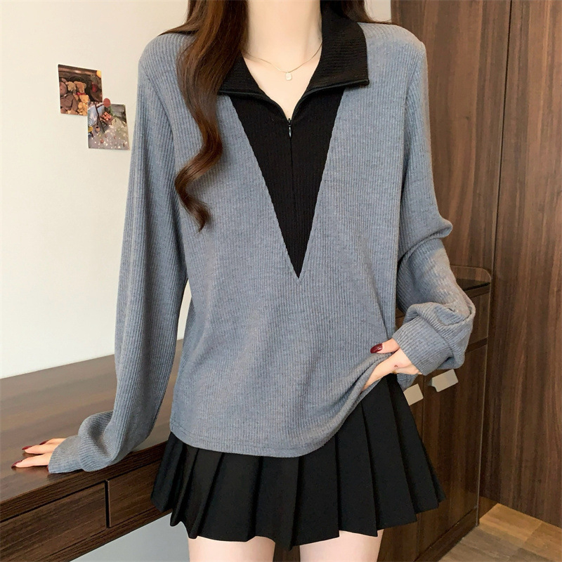 Pletena majica s polo ovratnikom, mješavina pamuka i elastana, opušten kroj, dugi rukavi, japansko-korejski ležerni stil