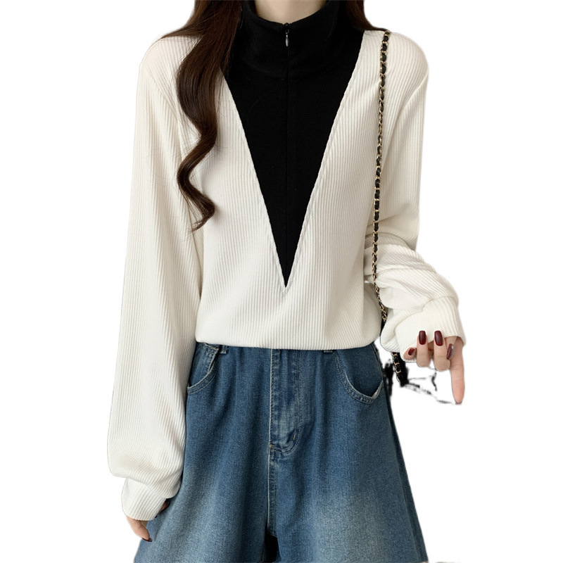 Pletena majica s polo ovratnikom, mješavina pamuka i elastana, opušten kroj, dugi rukavi, japansko-korejski ležerni stil