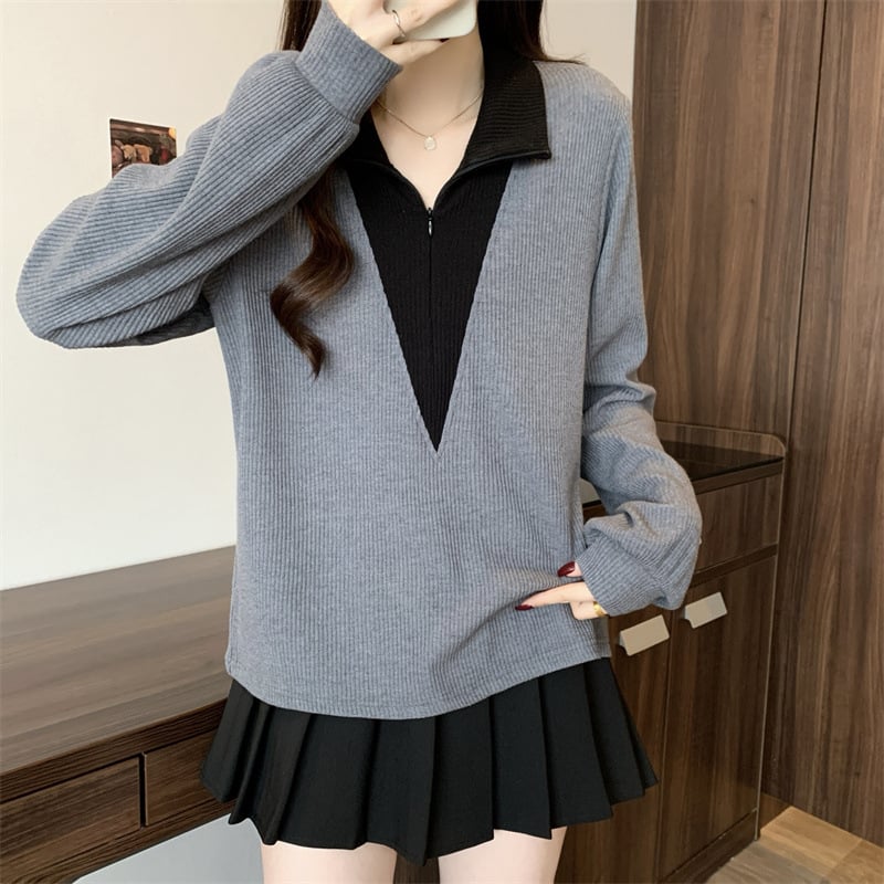 Pletena majica s polo ovratnikom, mješavina pamuka i elastana, opušten kroj, dugi rukavi, japansko-korejski ležerni stil