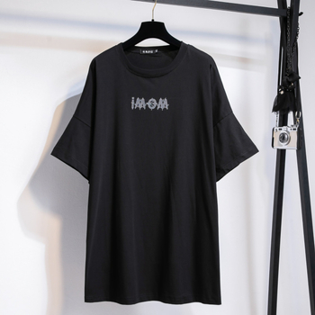 Tricou damă lejer cu mânecă scurtă, stil koreano-japonez de relaxare, bumbac-elastan (90-95% bumbac, <30% elastan), guler rotund, lungime lungă 80–100 cm