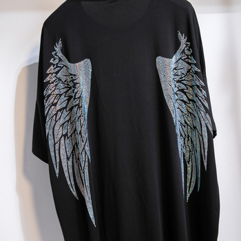 Tricou damă lejer cu mânecă scurtă, stil koreano-japonez de relaxare, bumbac-elastan (90-95% bumbac, <30% elastan), guler rotund, lungime lungă 80–100 cm