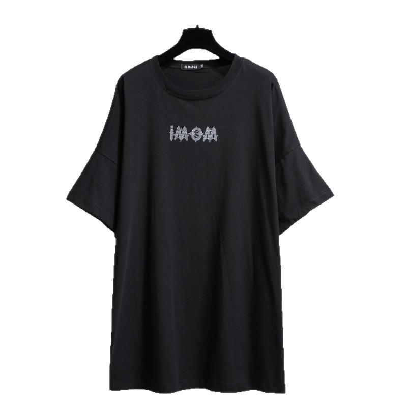 Tricou damă lejer cu mânecă scurtă, stil koreano-japonez de relaxare, bumbac-elastan (90-95% bumbac, <30% elastan), guler rotund, lungime lungă 80–100 cm