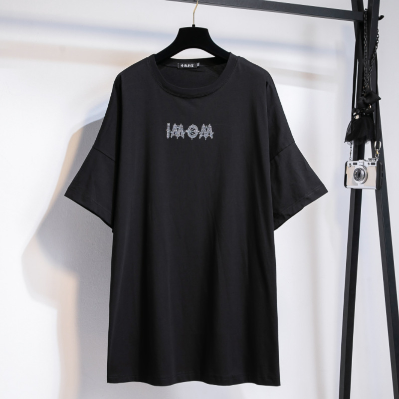 Tricou damă lejer cu mânecă scurtă, stil koreano-japonez de relaxare, bumbac-elastan (90-95% bumbac, <30% elastan), guler rotund, lungime lungă 80–100 cm