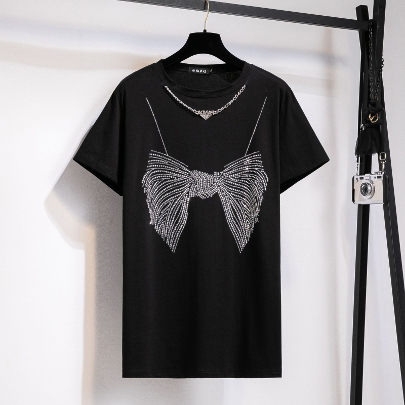 Tricou damă lejer cu mânecă scurtă, stil koreano-japonez de relaxare, bumbac-elastan (90-95% bumbac, <30% elastan), guler rotund, lungime lungă 80–100 cm