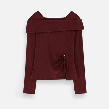 Tricou cu mâneci lungi, glugă, pliuri asimetrice, guler pătrat, croială slim