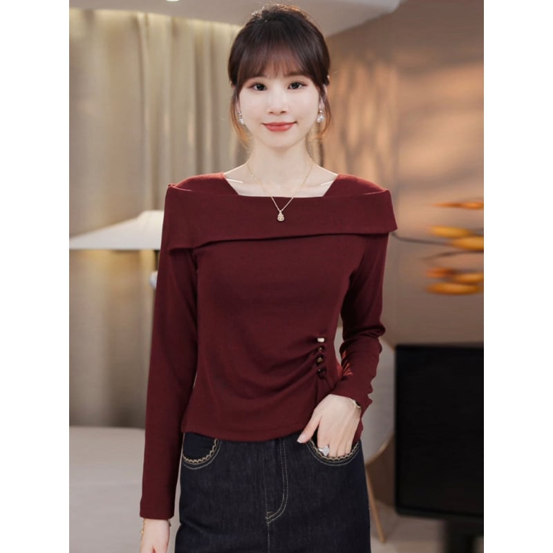 Tricou cu mâneci lungi, glugă, pliuri asimetrice, guler pătrat, croială slim