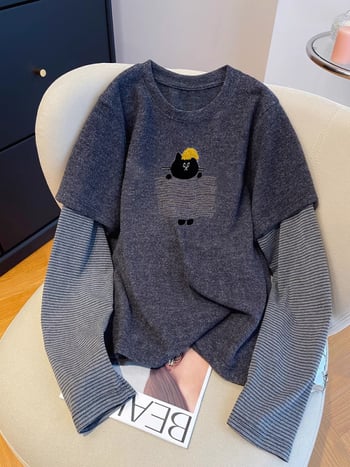 Top cu mâneci lungi, set faux două părți, conținut poliester 90–95%, guler rotund, croială dreaptă