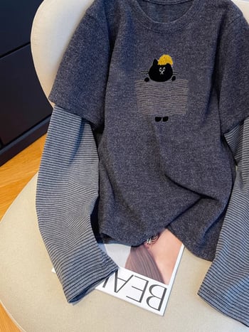 Top cu mâneci lungi, set faux două părți, conținut poliester 90–95%, guler rotund, croială dreaptă