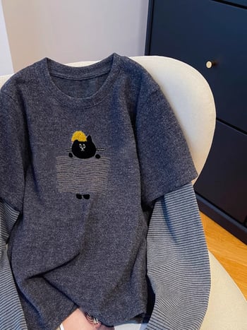 Top cu mâneci lungi, set faux două părți, conținut poliester 90–95%, guler rotund, croială dreaptă