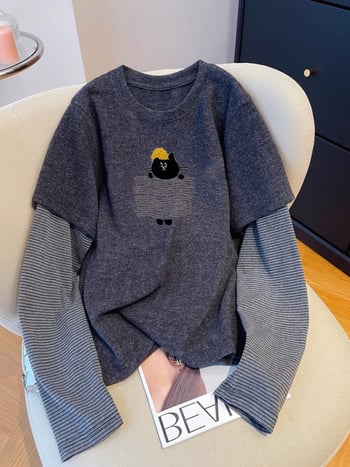 Top cu mâneci lungi, set faux două părți, conținut poliester 90–95%, guler rotund, croială dreaptă