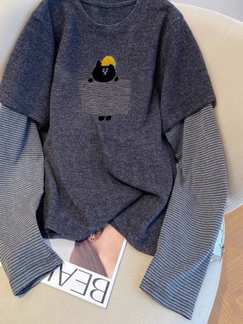 Top cu mâneci lungi, set faux două părți, conținut poliester 90–95%, guler rotund, croială dreaptă