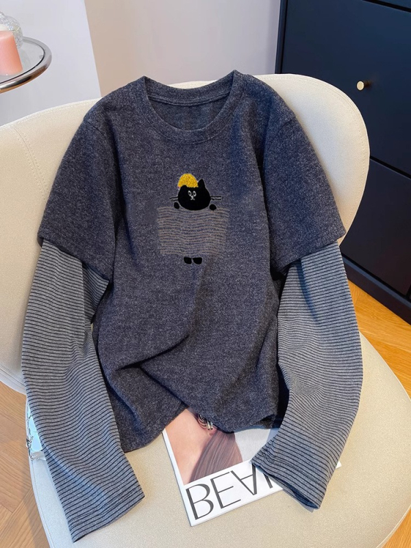 Top cu mâneci lungi, set faux două părți, conținut poliester 90–95%, guler rotund, croială dreaptă