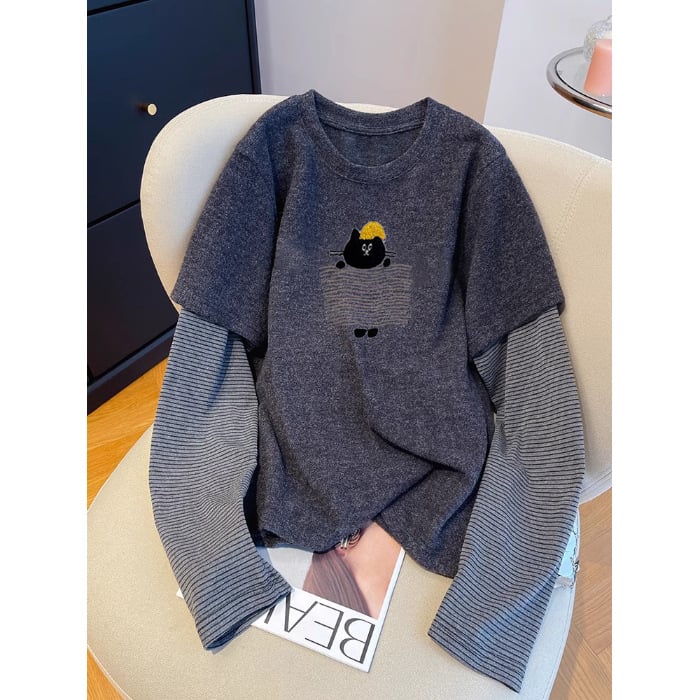 Top cu mâneci lungi, set faux două părți, conținut poliester 90–95%, guler rotund, croială dreaptă