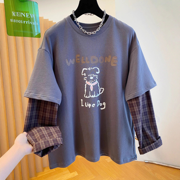 Ženski pamukasti T-shirt s dugim rukavima, karirani patchwork, lažni dvodijelni izgled, otisak šteneta, okrugli izrez, širok kroj, jesen 2025.