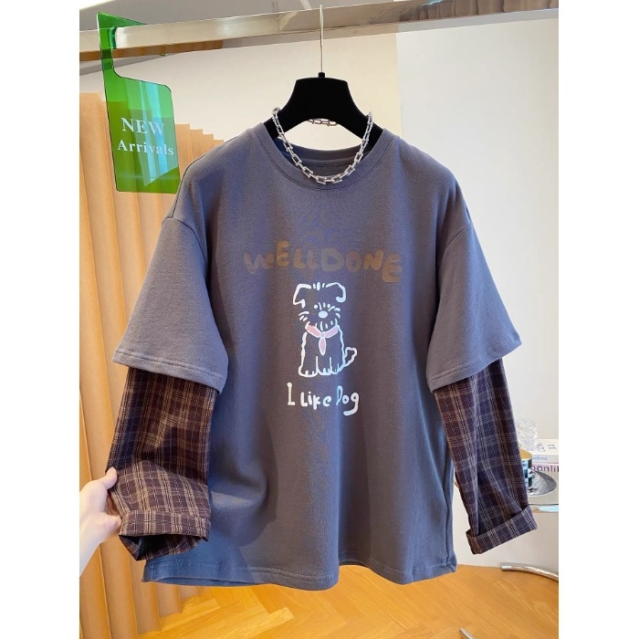Ženski pamukasti T-shirt s dugim rukavima, karirani patchwork, lažni dvodijelni izgled, otisak šteneta, okrugli izrez, širok kroj, jesen 2025.