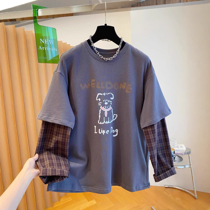 Ženski pamukasti T-shirt s dugim rukavima, karirani patchwork, lažni dvodijelni izgled, otisak šteneta, okrugli izrez, širok kroj, jesen 2025.