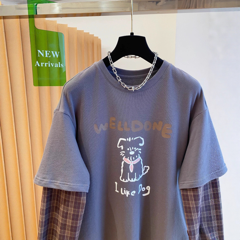 Ženski pamukasti T-shirt s dugim rukavima, karirani patchwork, lažni dvodijelni izgled, otisak šteneta, okrugli izrez, širok kroj, jesen 2025.