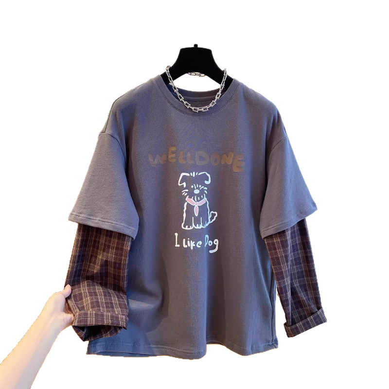 Ženski pamukasti T-shirt s dugim rukavima, karirani patchwork, lažni dvodijelni izgled, otisak šteneta, okrugli izrez, širok kroj, jesen 2025.