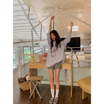 Tricou damă lejer, mânecă lungă, guler rotund, imprimeu cu iepuraș, vara 2025