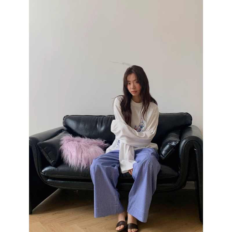 Tricou damă lejer, mânecă lungă, guler rotund, imprimeu cu iepuraș, vara 2025