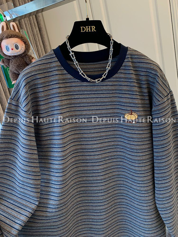 Hímzett csíkos mintájú kapucnis hosszú ujjú felső laza szabásban (kerek nyak, középső hossz, őszi 2025)